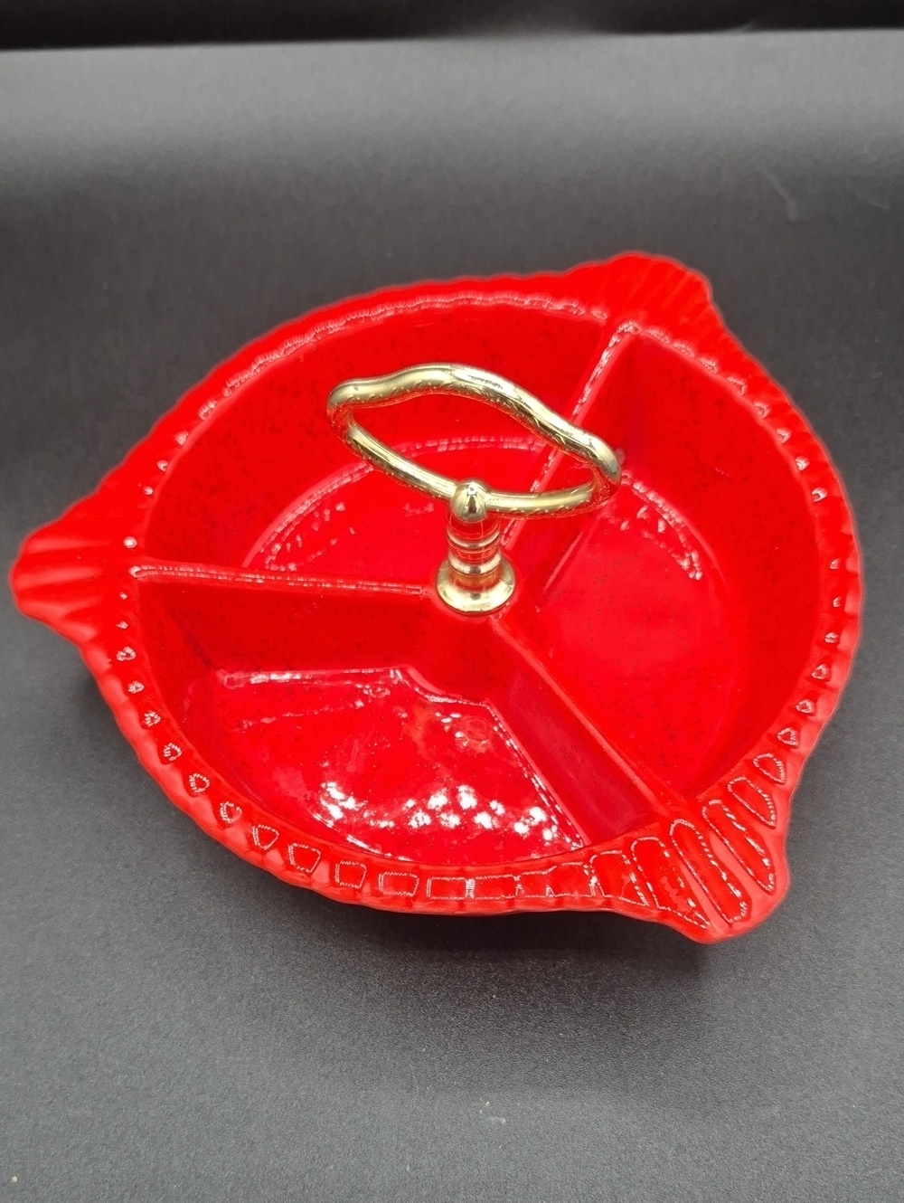 Vintage 70s Red Ceramic Divided Serving Dish with Gold Handle